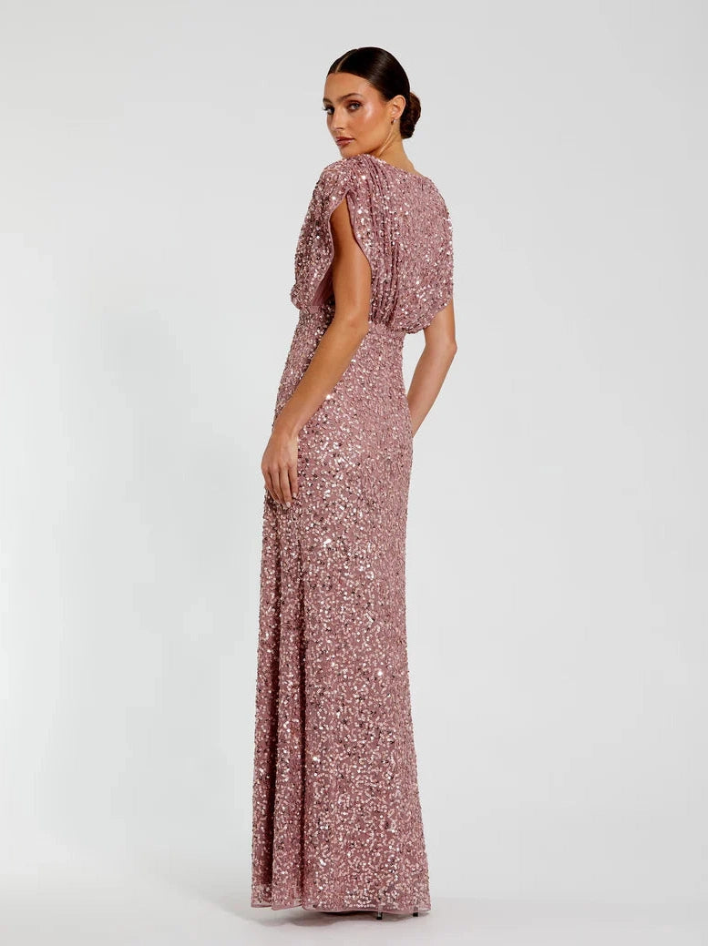 Draped Sleeve V Neck Gown