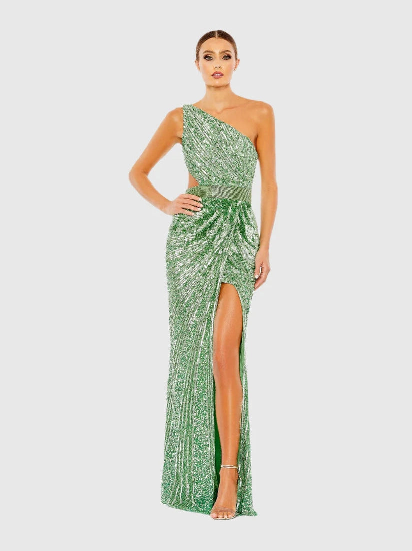 Sequined One Shoulder Draped Lace Up Gown