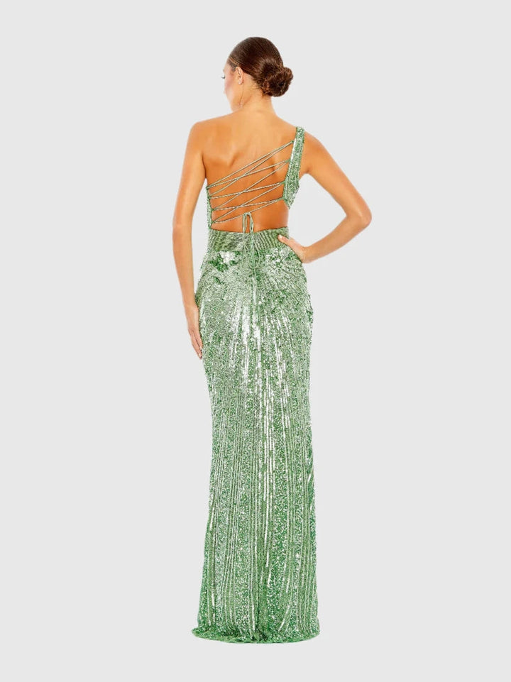 Sequined One Shoulder Draped Lace Up Gown