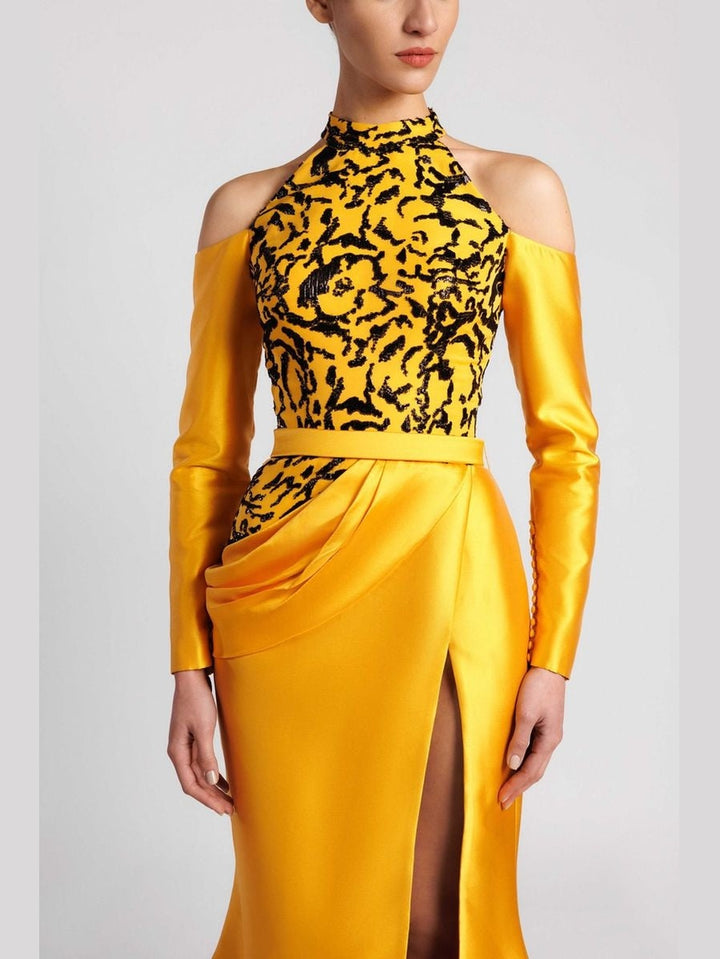 Mermaid Evening Dress with Beaded Bodice and Draped Hip