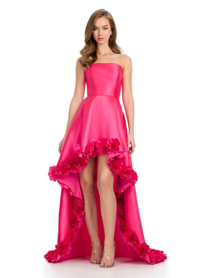 Strapless Rose Adorned High Low Gown