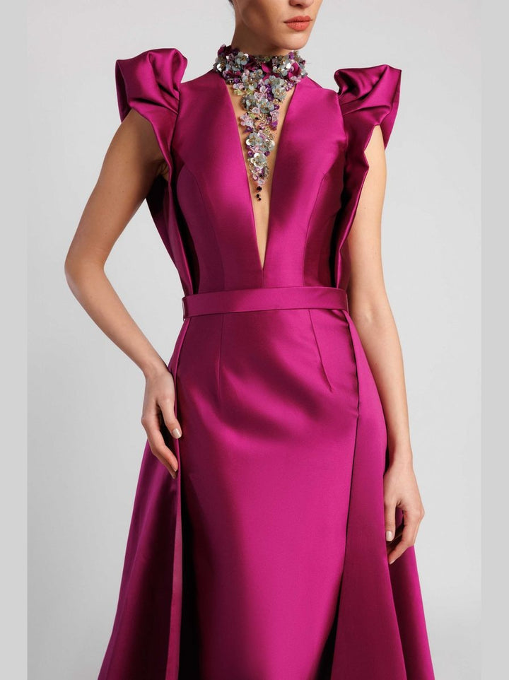 Plunging V-Neck Evening Dress with Ruffled Sleeves and Overskirt