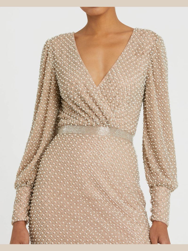 Wrap Over Bishop Sleeve Gown With Pearl Beading