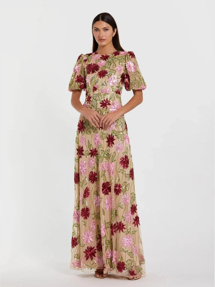 Beige Floral Beaded Mesh Puff Sleeve Gown