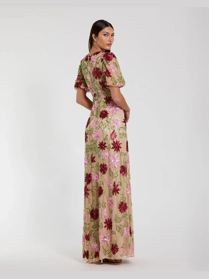 Beige Floral Beaded Mesh Puff Sleeve Gown