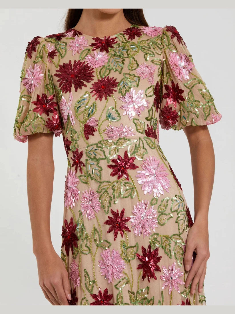 Beige Floral Beaded Mesh Puff Sleeve Gown