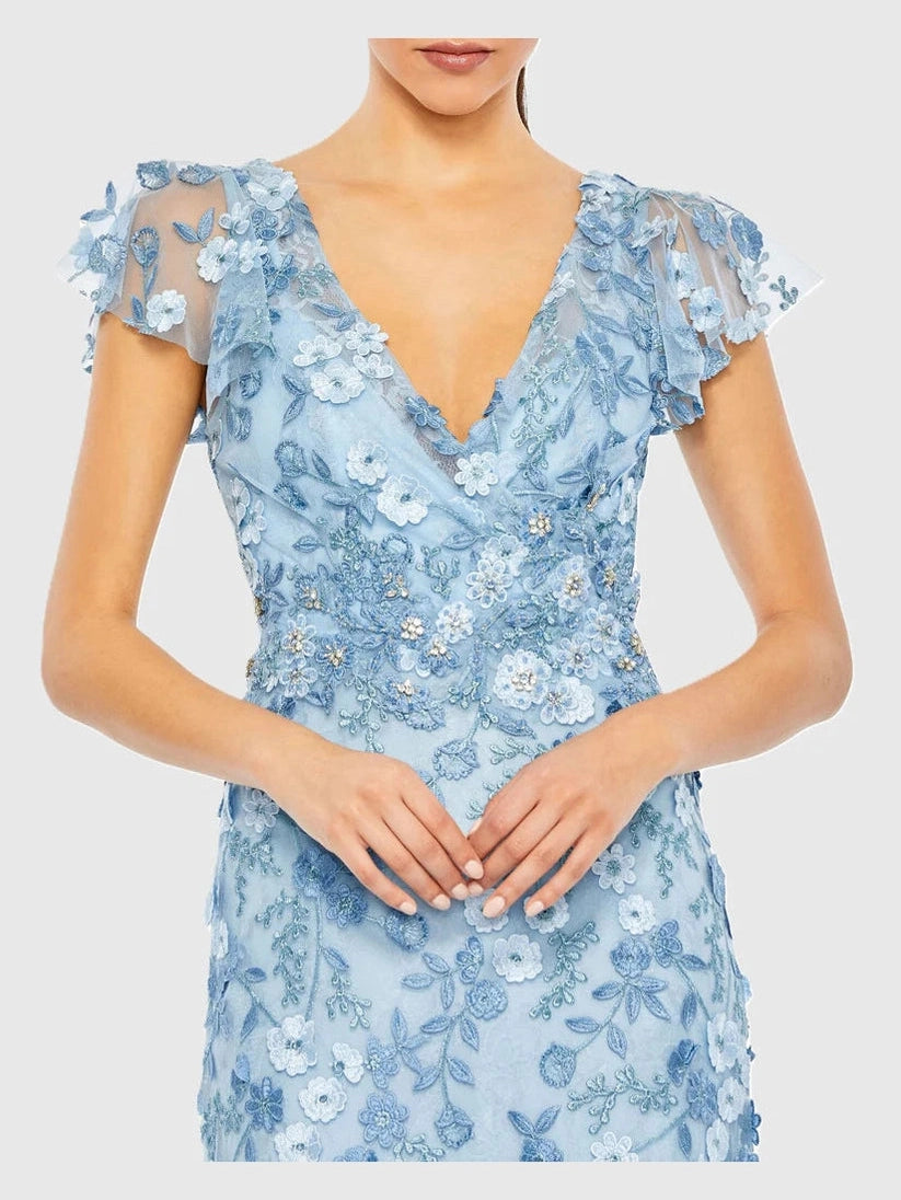 Embroidered Applique Wrap Over Flutter Sleeve Gown