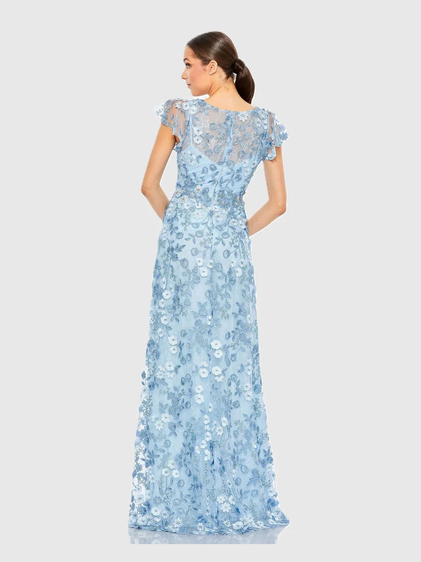 Embroidered Applique Wrap Over Flutter Sleeve Gown