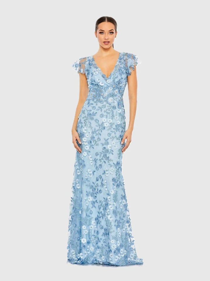 Embroidered Applique Wrap Over Flutter Sleeve Gown