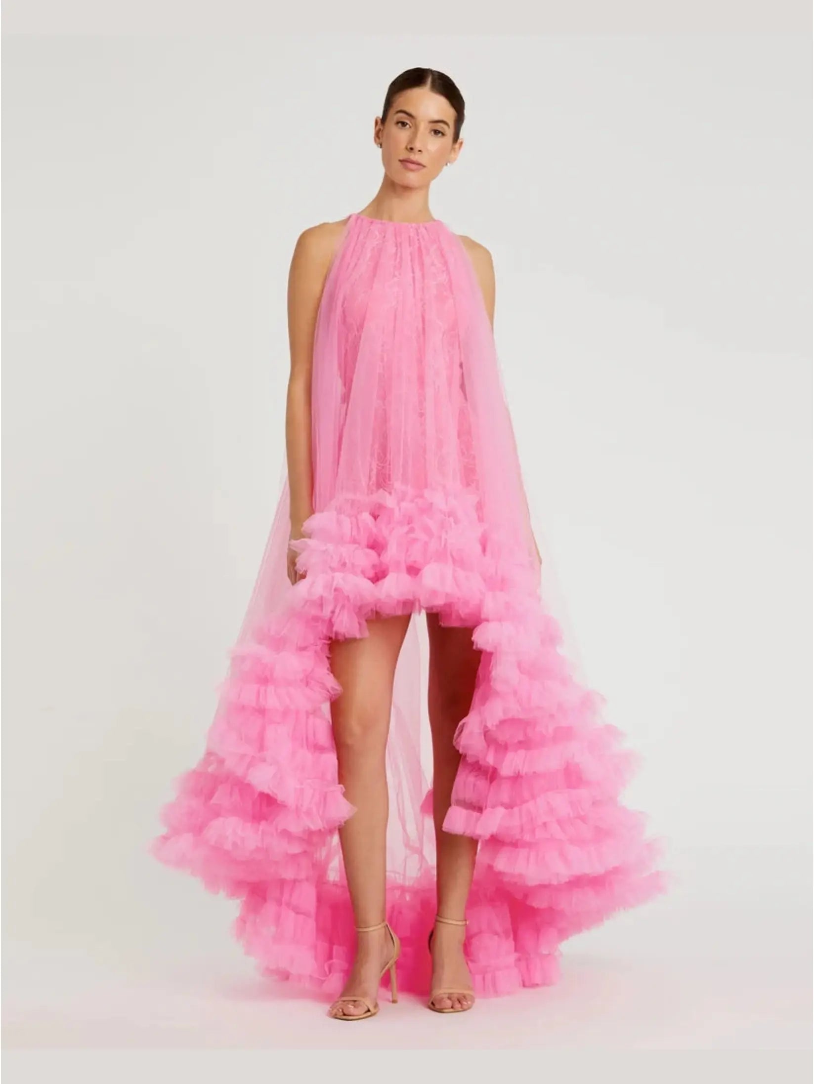 Pink Tulle High Neck Sleeveless Ruffled Hem Hi-Low Gown