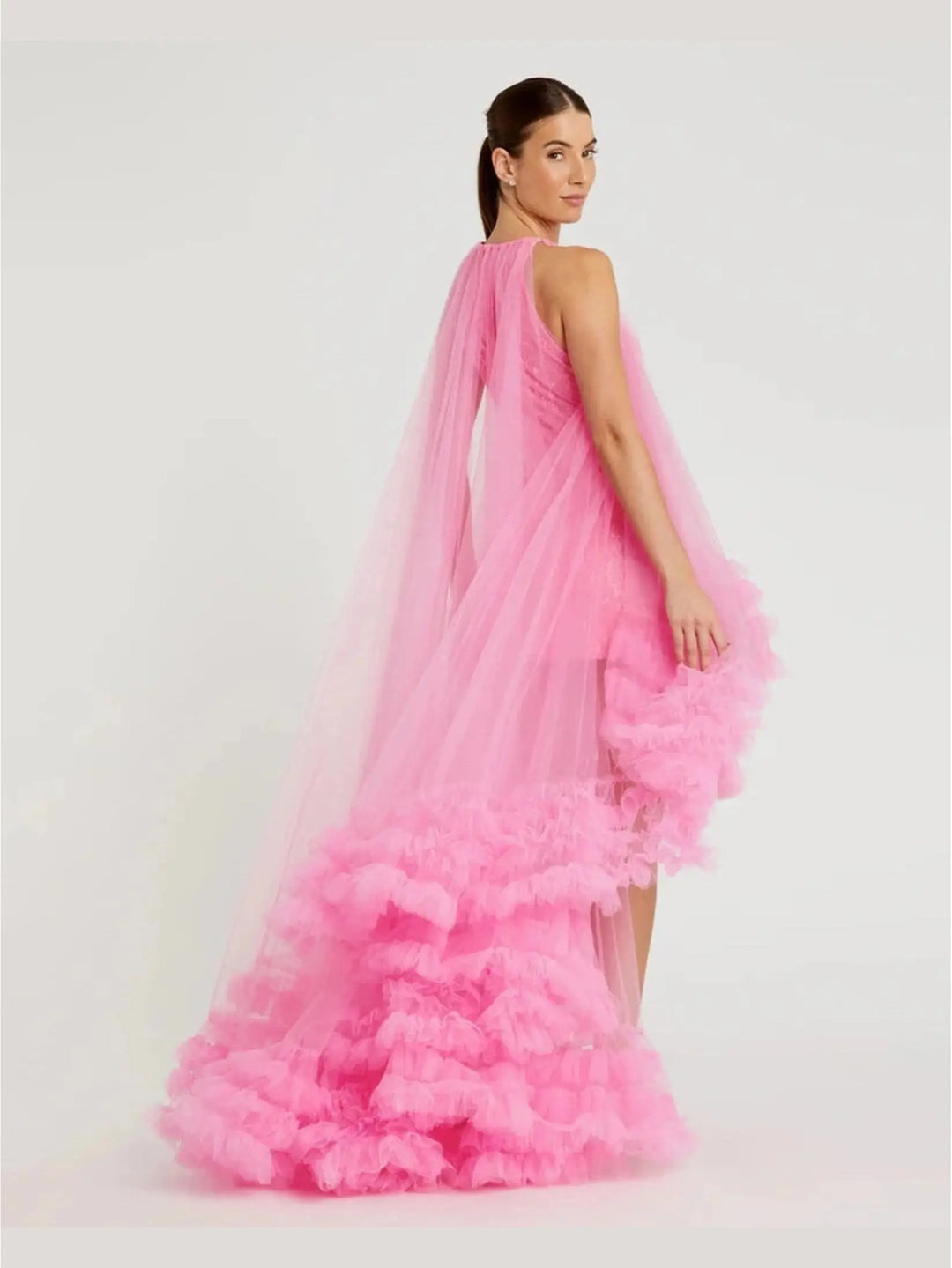 Pink Tulle High Neck Sleeveless Ruffled Hem Hi-Low Gown