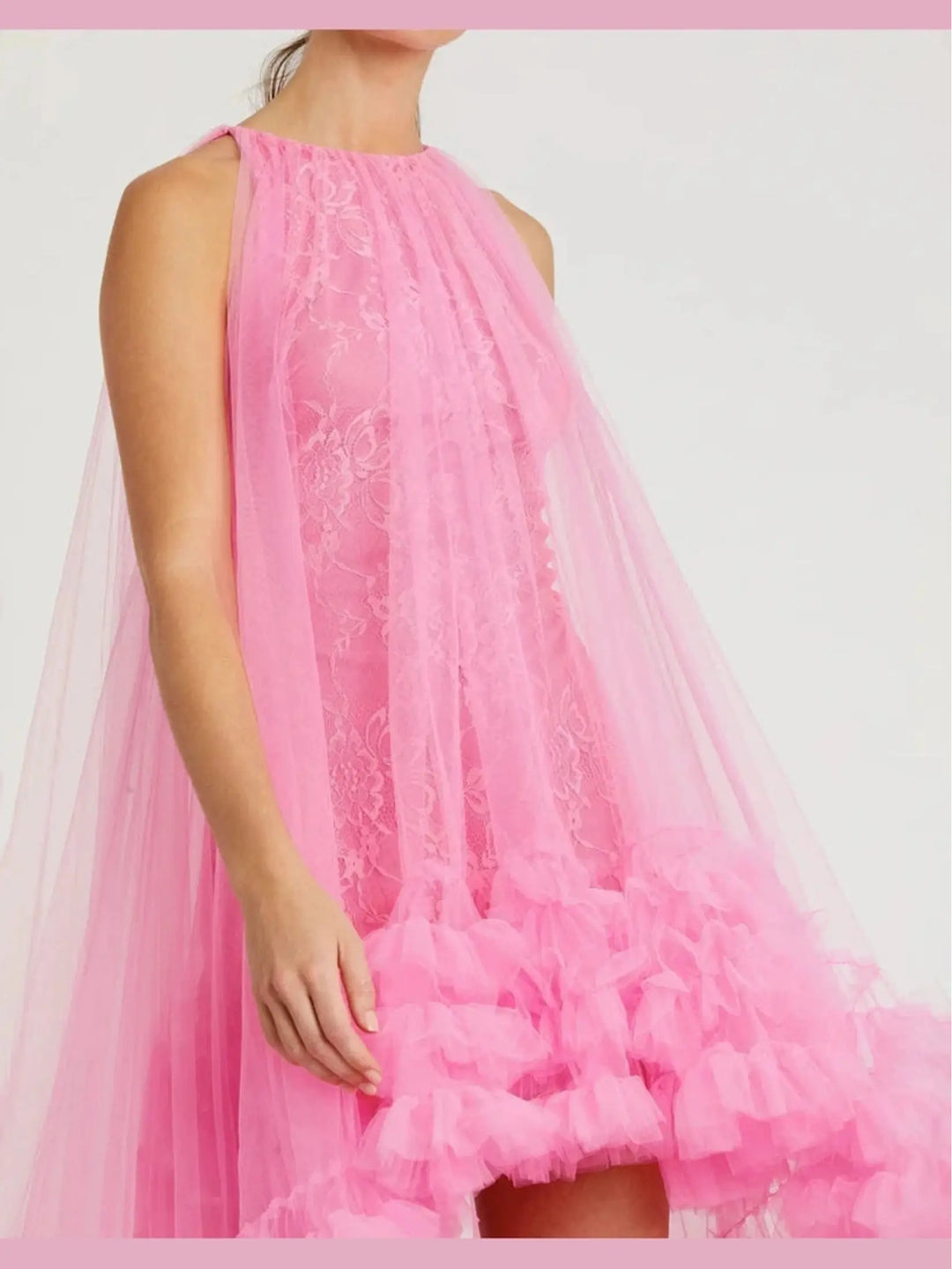 Pink Tulle High Neck Sleeveless Ruffled Hem Hi-Low Gown
