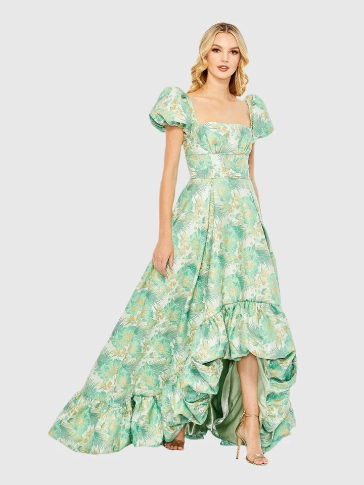 Floral Print Puff Sleeve High Low Brocade Gown