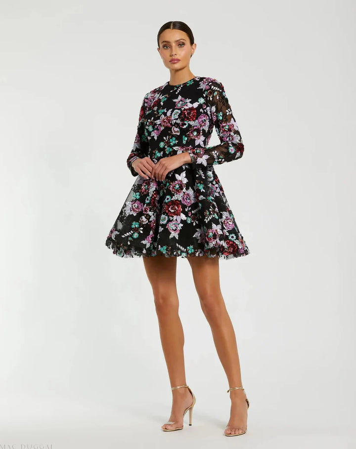Black High Neck Long Sleeve Sequin A Line Mini Dress