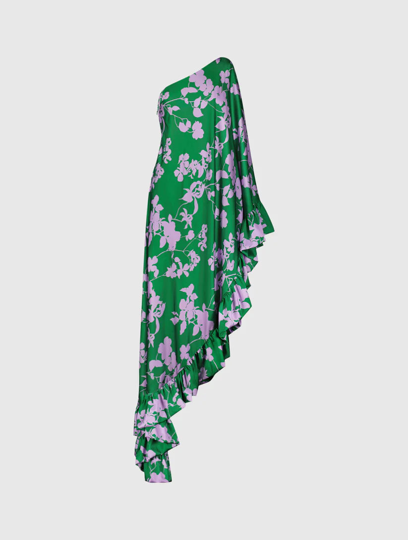 Green Printed Charmeuse One Shoulder Draped Gown