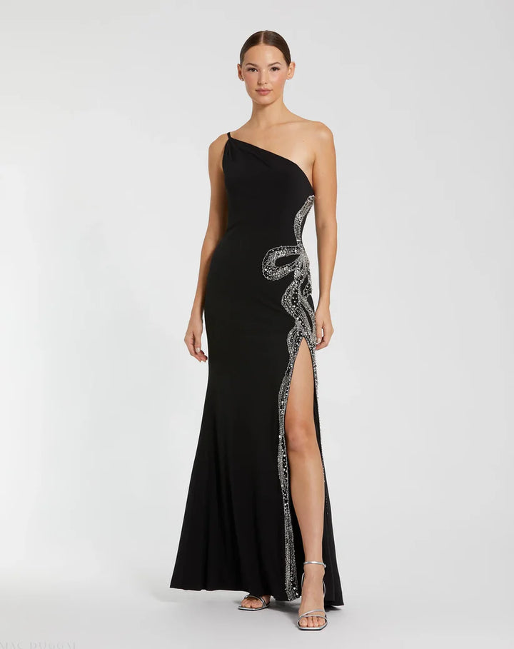 One Shoulder Jersey Gown With Embellished Cut Out