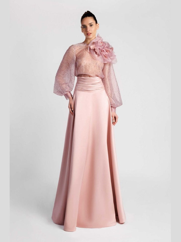 Jewel Neck Blouse with Pleated A-Line Skirt