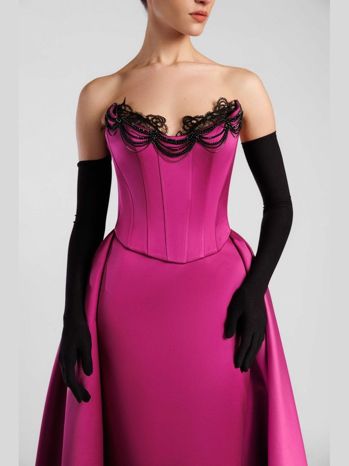 Corset Bodice Mermaid Evening Dress with Beaded Chains and Overskirt