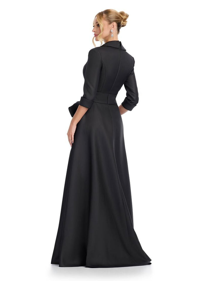 Satin Long Sleeve Gown with Deep V Neckline