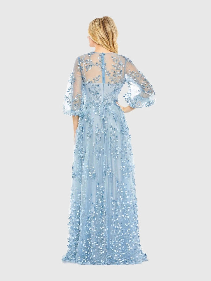 Embroidered Puff Sleeve A-Line Gown