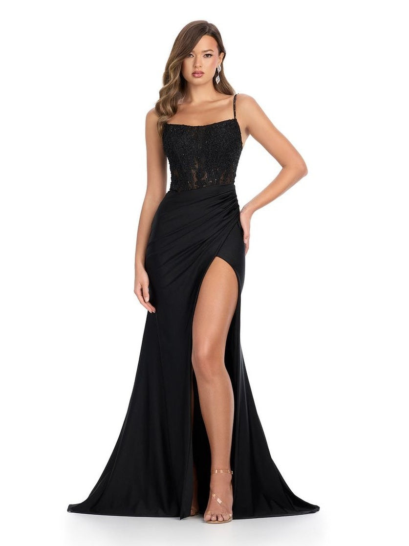 Spaghetti Strap Jersey Gown with Flower Applique