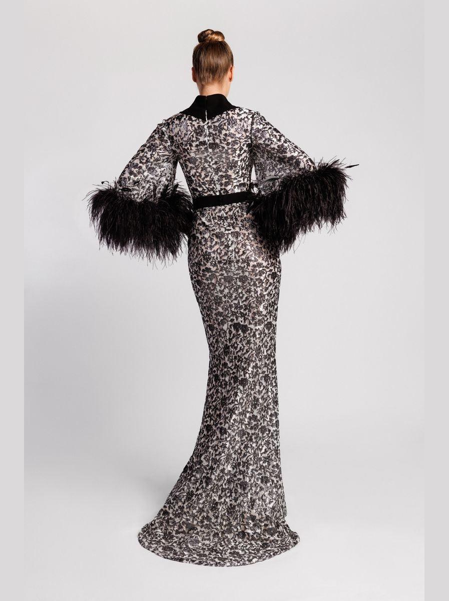 Patterned Evening Dress with Feather Sleeves