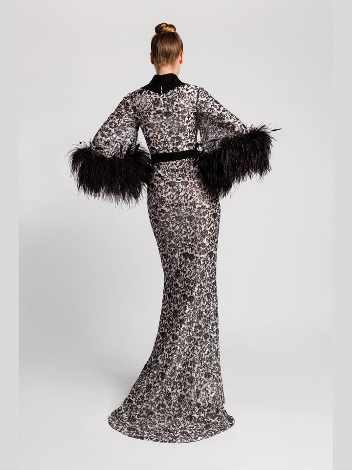 Patterned Evening Dress with Feather Sleeves