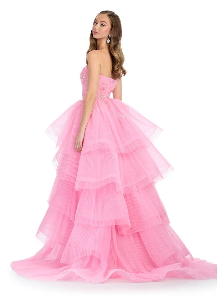 Strapless Pleated Tulle Ball Gown With Center Slit