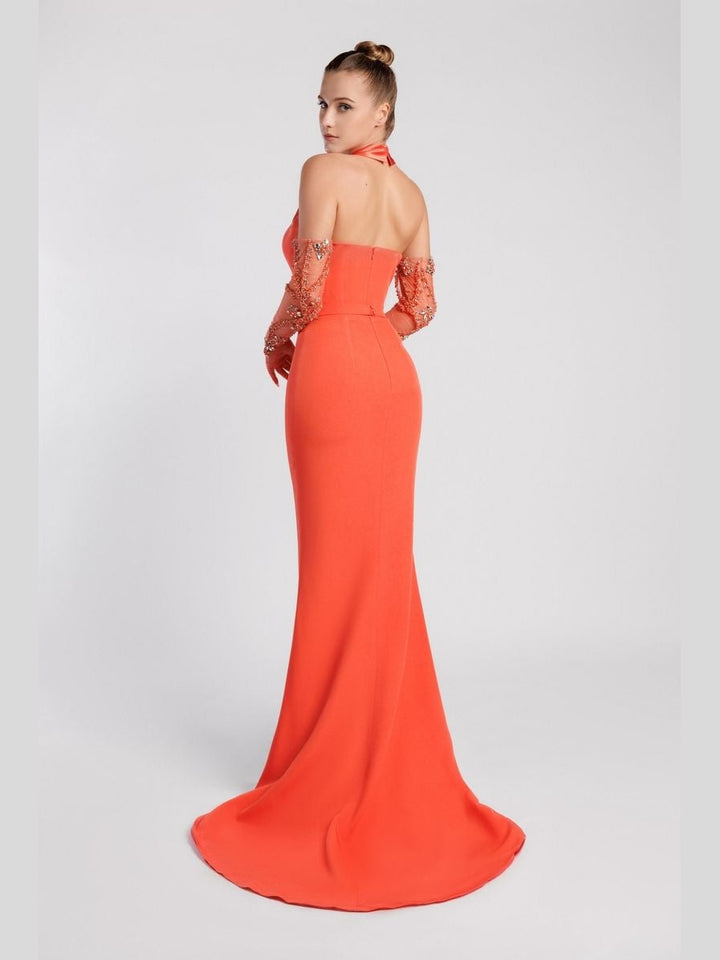Halter Neck Mermaid Evening Dress with Plunging V Neckline and Gloves