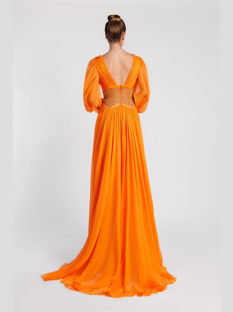 V-Neck Flared Evening Dress with Bishop Sleeves and Open Back