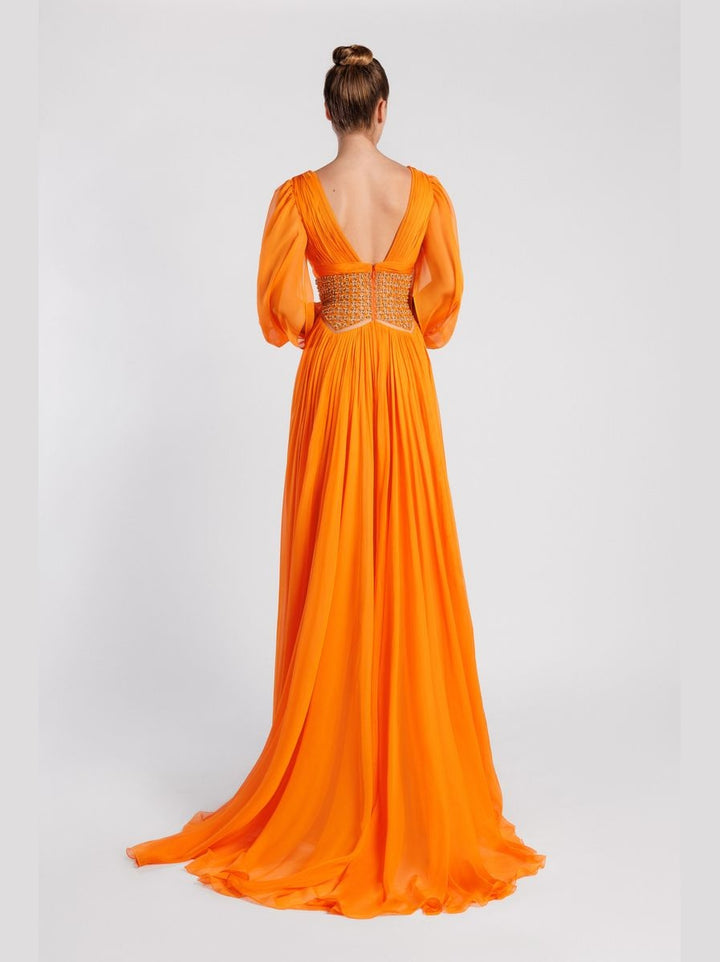 V-Neck Flared Evening Dress with Bishop Sleeves and Open Back