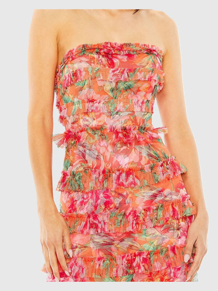 Multicolor Strapless Micro Ruffle Dress