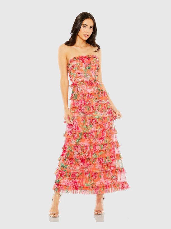 Multicolor Strapless Micro Ruffle Dress