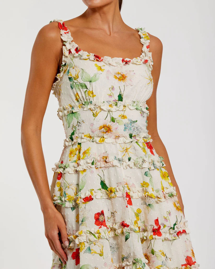 Multicolor Floral Square Neck Ruffle Mini Dress