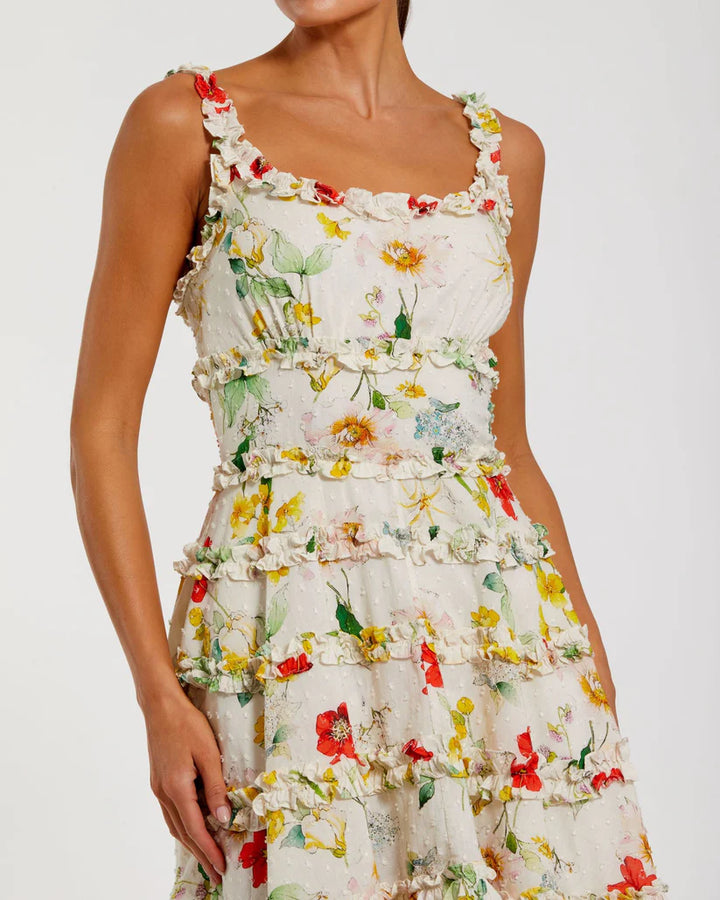 Multicolor Floral Square Neck Ruffle Mini Dress