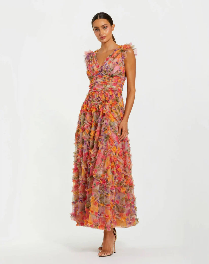 Multicolor Floral Mesh Ruffle V Neck Ankle Dress