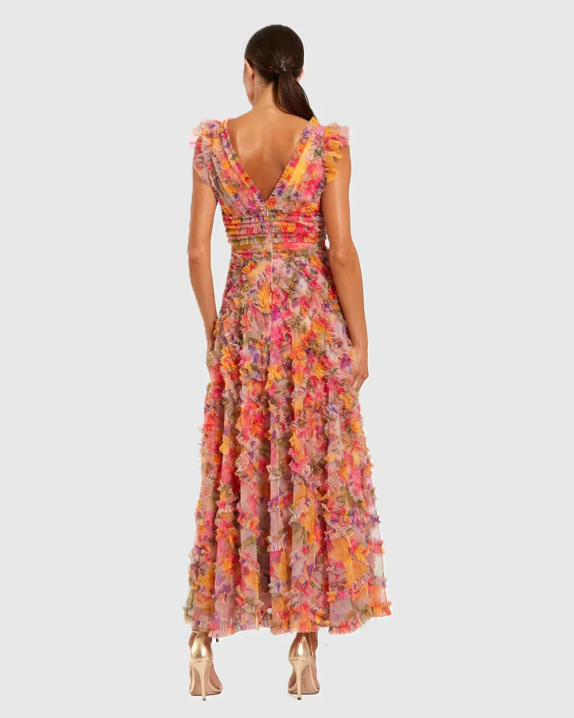 Multicolor Floral Mesh Ruffle V Neck Ankle Dress