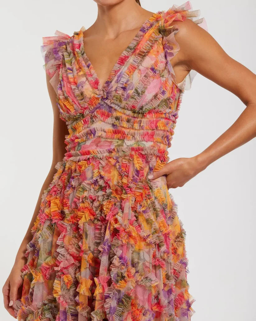 Multicolor Floral Mesh Ruffle V Neck Ankle Dress