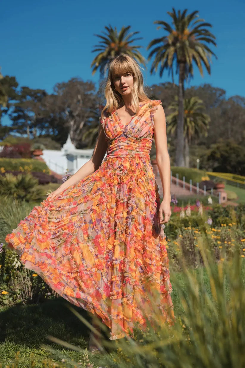 Multicolor Floral Mesh Ruffle V Neck Ankle Dress