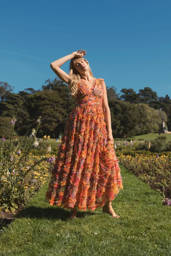 Multicolor Floral Mesh Ruffle V Neck Ankle Dress
