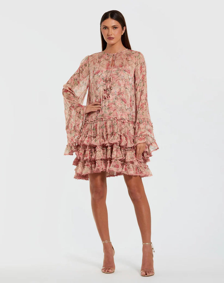 Pink Flare Long Sleeve Ruffle Viscose Mini Dress