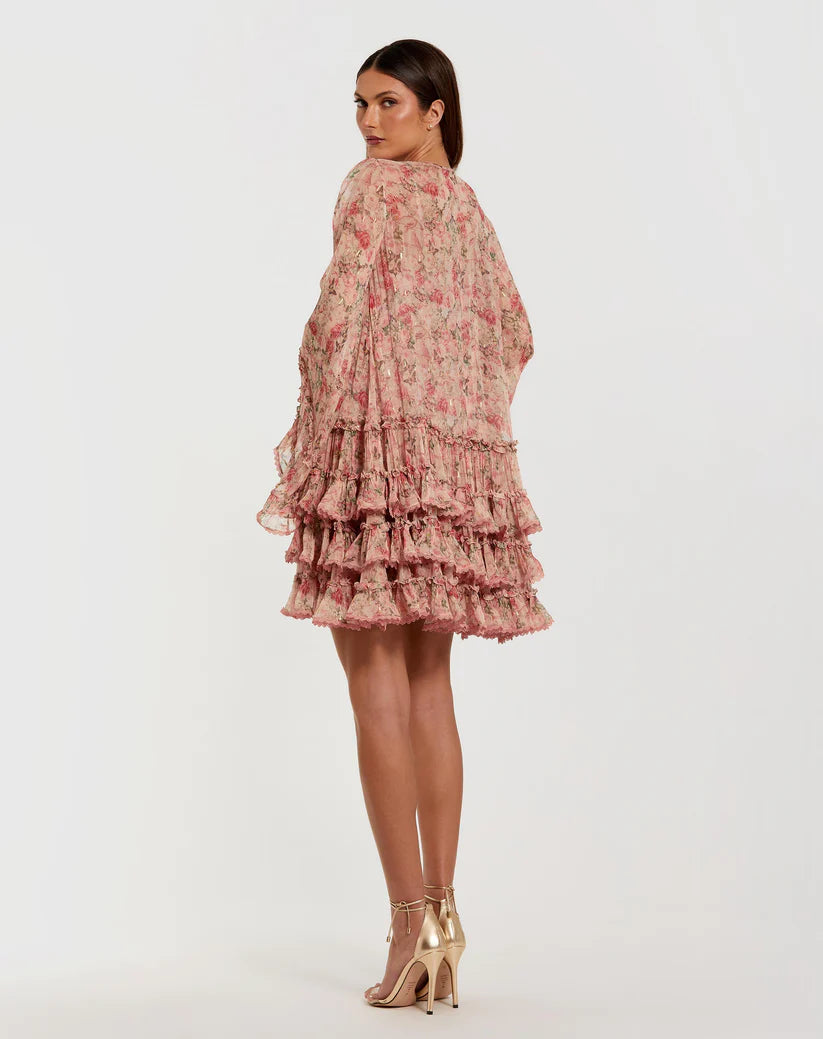 Pink Flare Long Sleeve Ruffle Viscose Mini Dress