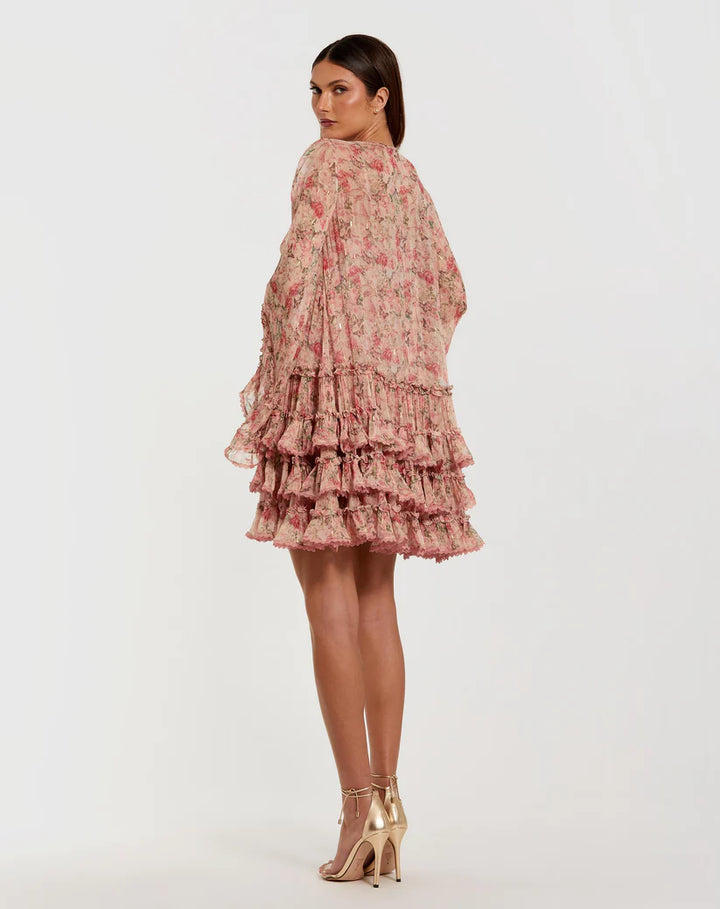 Pink Flare Long Sleeve Ruffle Viscose Mini Dress