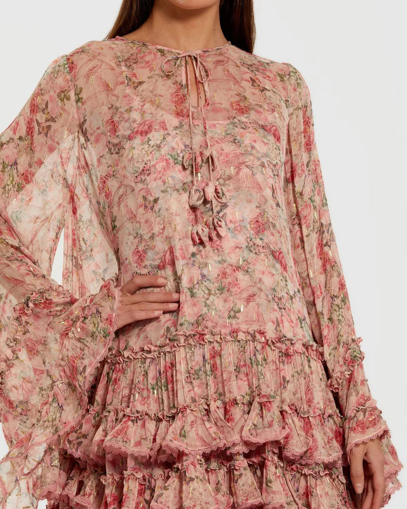 Pink Flare Long Sleeve Ruffle Viscose Mini Dress
