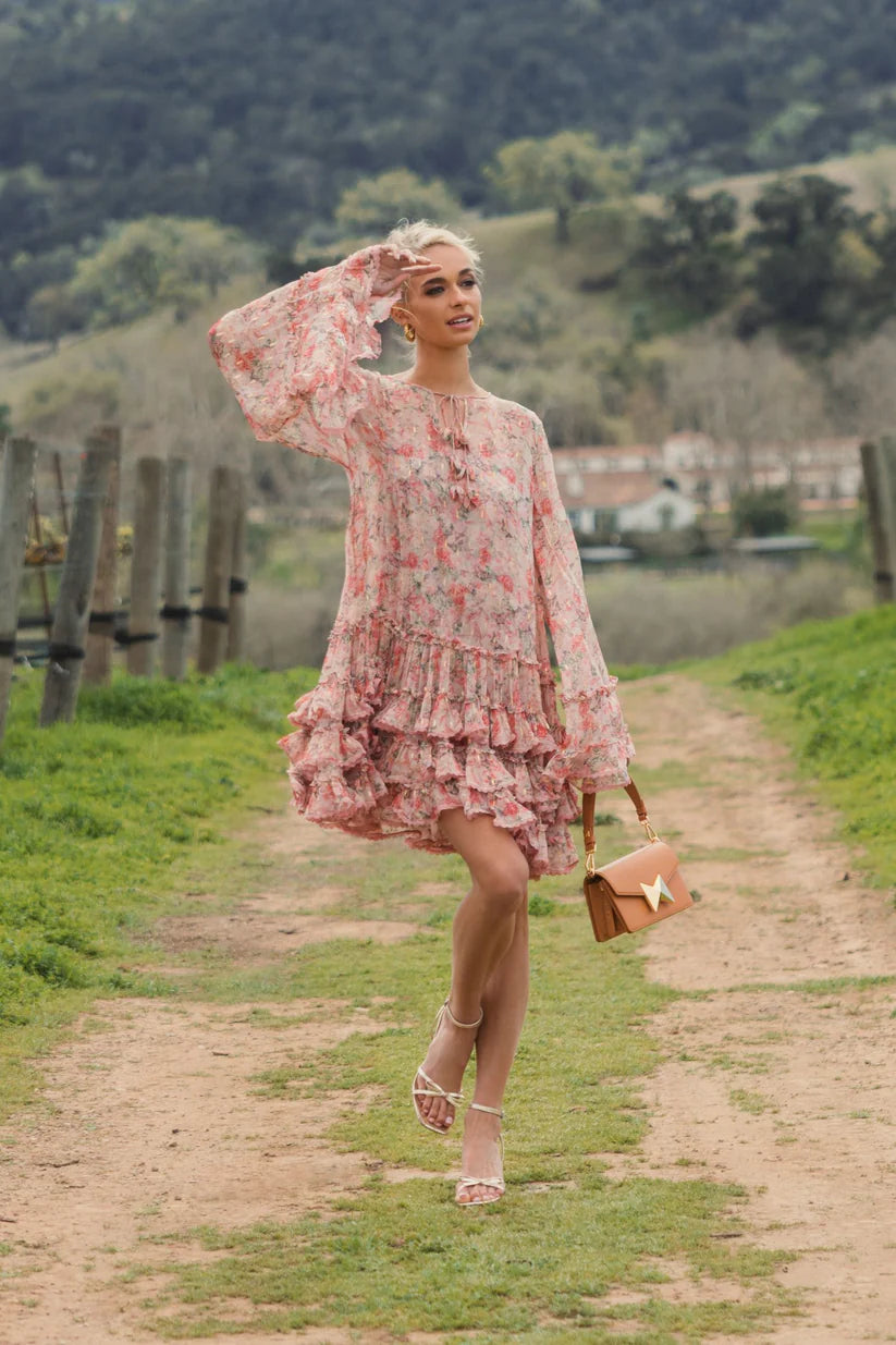 Pink Flare Long Sleeve Ruffle Viscose Mini Dress