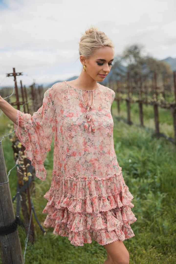 Pink Flare Long Sleeve Ruffle Viscose Mini Dress