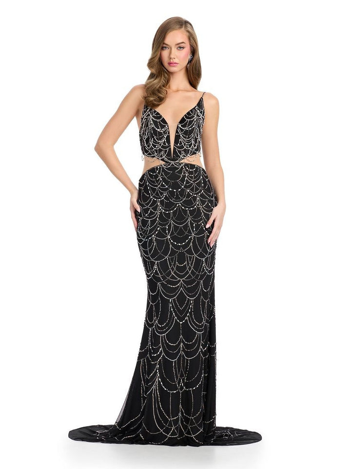 Spaghetti Strap Gown with Cut Outs & Beaded Accents