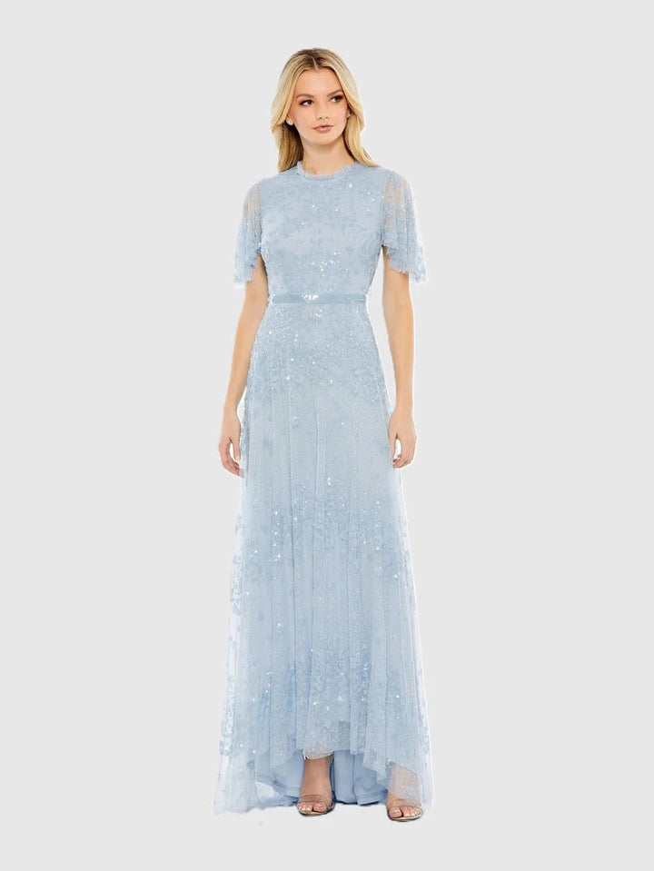 Sequined High Neck Flutter Sleeve A Line Gown