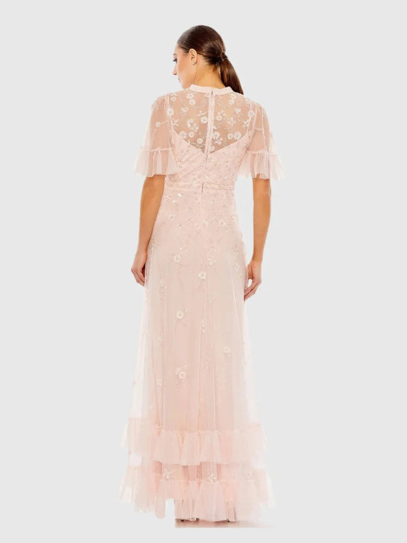 Ruffled Floral Embellished Flutter Sleeve A Line Gown