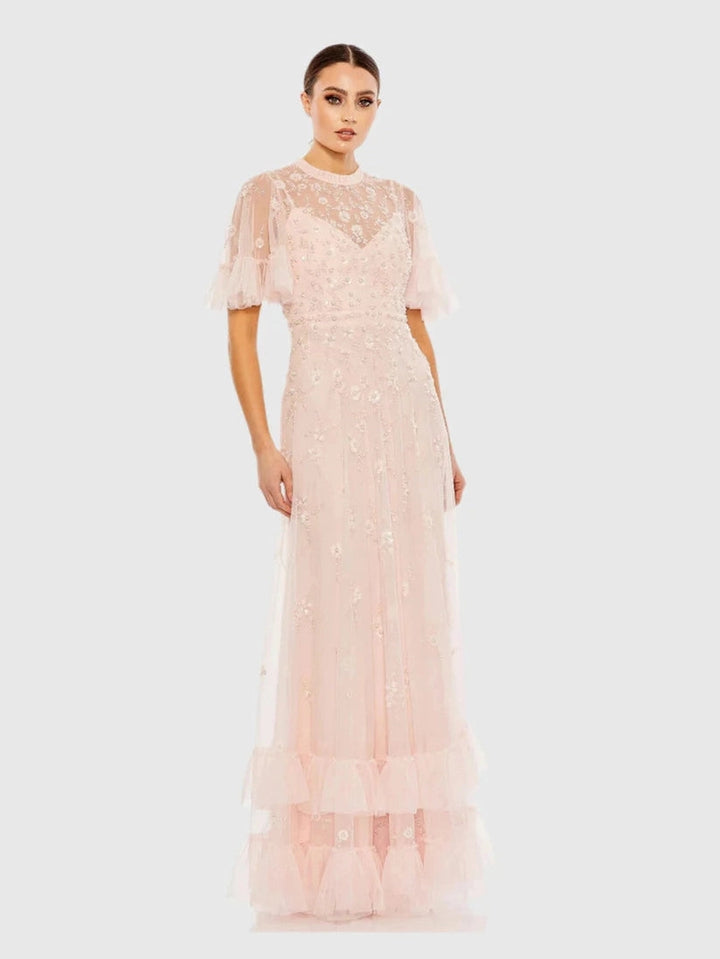 Ruffled Floral Embellished Flutter Sleeve A Line Gown